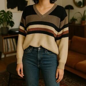 Vintage Striped Knit Sweater Neutral Earth Tones V-Neck Size L